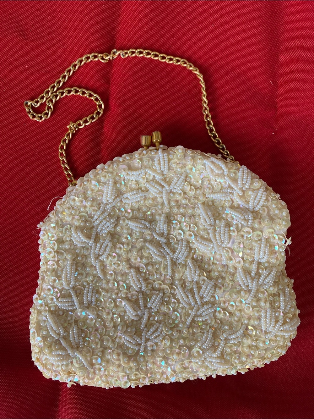 Vintage Mid-20th Century Elegant Cream Beaded Evening Bag with Gold Chain